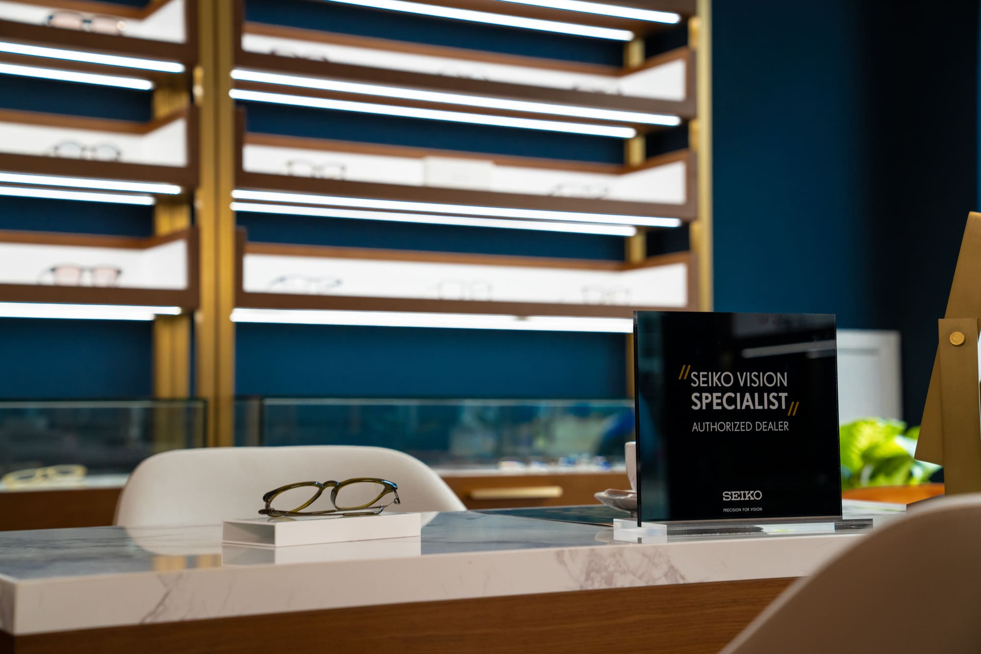 Consultation desk with frames and SEIKO Vision Specialist sign