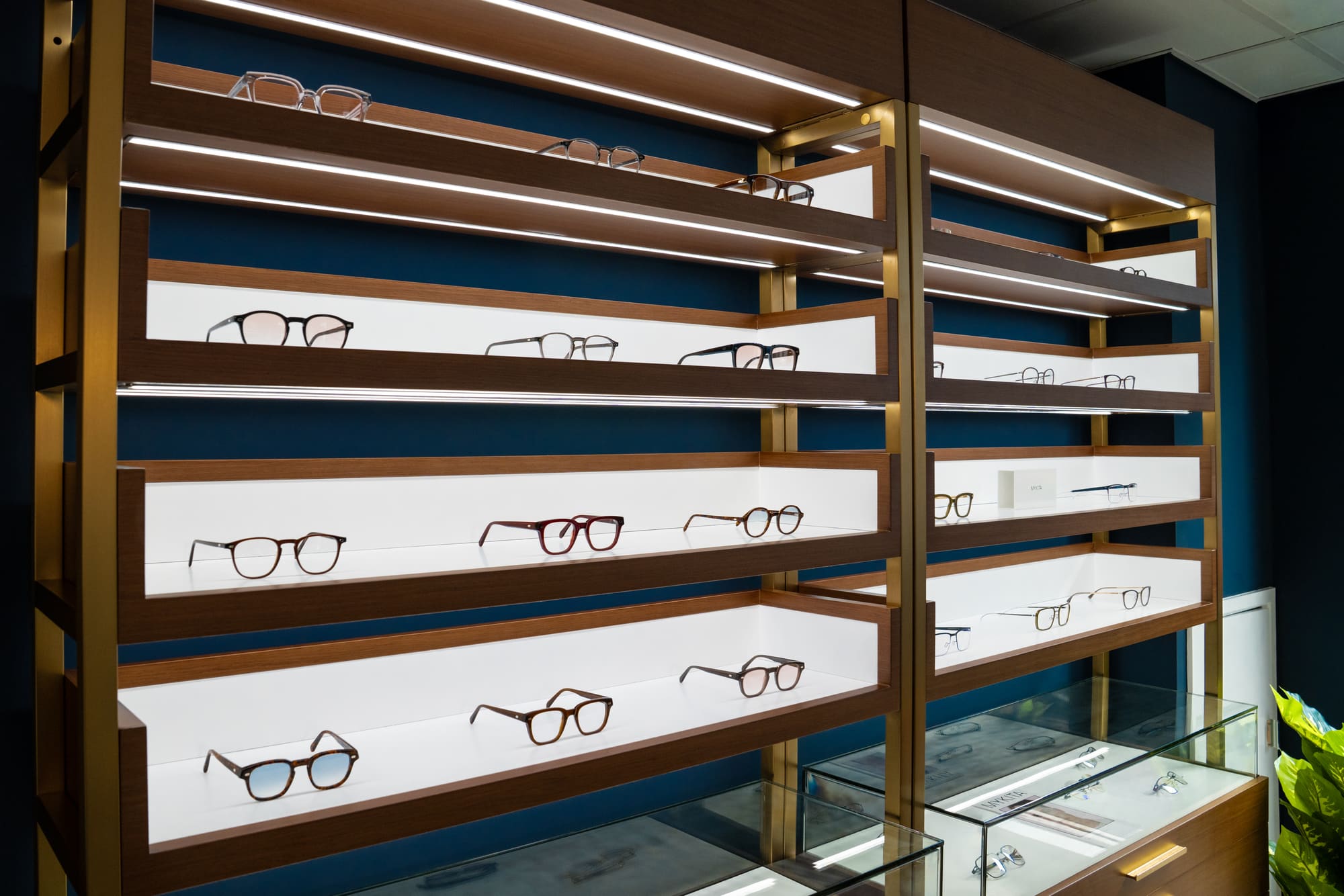 Wall of designer frames on illuminated shelves