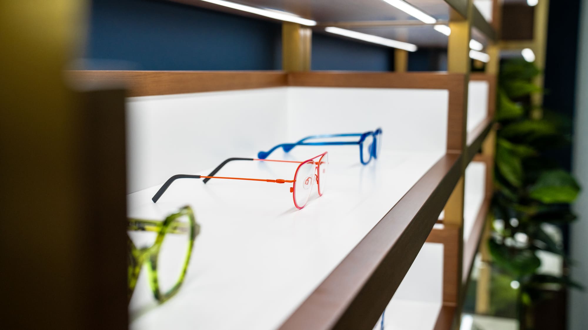 Colourful designer frames on an illuminated shelf