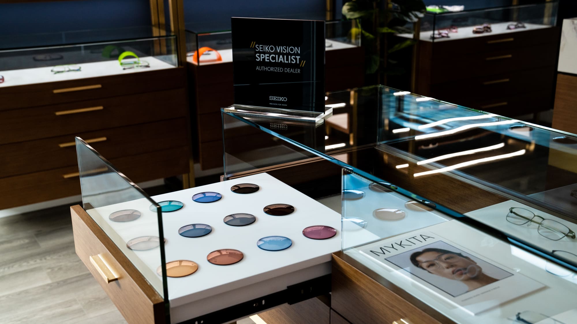 SEIKO lens tint samples in a display drawer